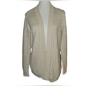 LL Bean Ivory Cotton Pointelle Open Cardigan Sweater Fisherman Knit Sz M